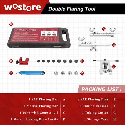 Wostore double flaring tool kit in storage case with SAE/metric flaring bars, yoke, dies, tubing cutter, and reamer.
