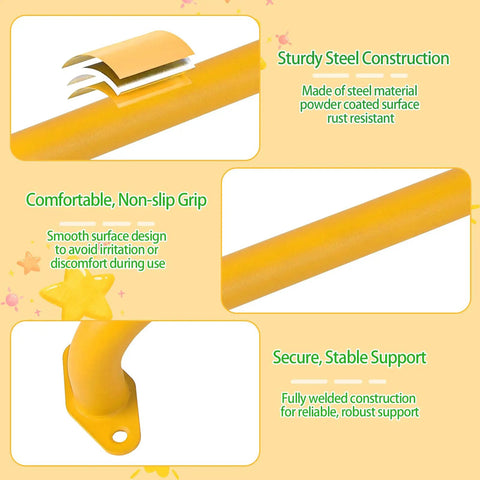 Diagram showing features of Six Colors 17.1 Inch Indoor Monkey Bars Handles Set 6 Pack Kid Friendly, including steel construction.
