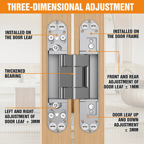 Sleek Six Inch Hidden Door Hinges For Clean Concealed Doors And Invisible Wall Panels With Premium Seamless Hardware and Three-Dimensional Adjustment.