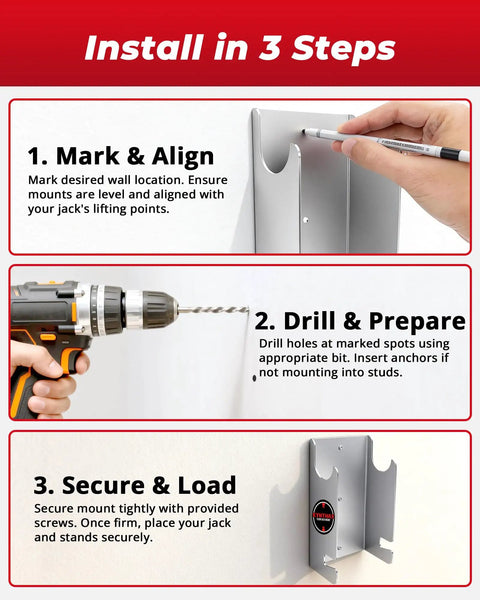 Installation steps for 1.5 Ton Floor Jack Wall Mount Rack For Low Profile Hydraulic Jacks And Trailers, Silver Finish