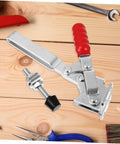 2 Pack Welding Toggle Clamps With Rubber Tip Quick Release Iron Clamps on wooden surface with tools