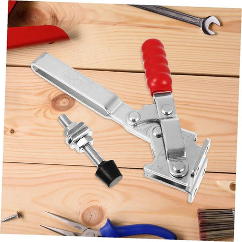 2 Pack Welding Toggle Clamps With Rubber Tip Quick Release Iron Clamps on wooden surface with tools