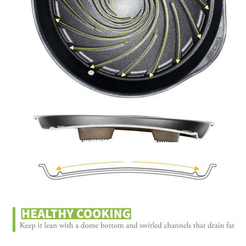 Cross-section of Korean BBQ Nonstick Grill Pan For KBBQ Lovers, Cast Aluminum Build, PFOA Free Coating, Swirled Channel Design Drains Fat.