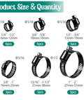 Black stainless steel hose clamp set, 32 pcs, assorted sizes 1/4–2 in (6–51 mm) for automotive and marine use