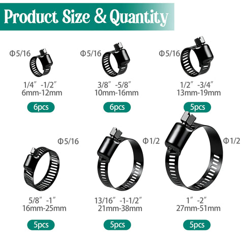 Black stainless steel hose clamp set, 32 pcs, assorted sizes 1/4–2 in (6–51 mm) for automotive and marine use