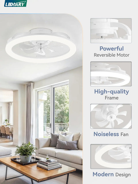 Living room with 20 Inch Low Profile Breezy Ceiling Fan With Lights And Remote Dimmable LED Light 3000K To 6000K Flush Mount