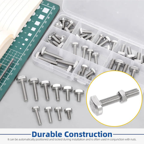 50 Piece Drop In T Slot Bolts Set With Hammer Head T Shaped Screws In Stainless 304 M5 M6 Lengths 12mm 16mm 20mm 25mm 30mm 35mm Drop In Stud Sliding T Bolt For T Track in plastic case