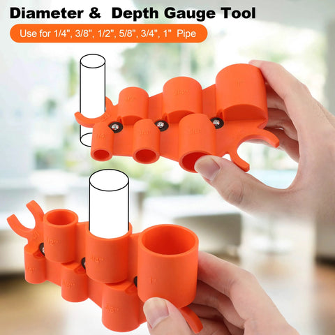 Six In One Depth Gauge And Pipe Deburring Tool Kit held in hand, illustrating diameter and depth measurement features for various pipe sizes.