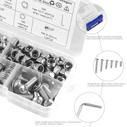 130 Piece Stainless Steel Screws Bolts Nuts Set With M6 Half Round Head And Flat Round Head Hex Machine Screws Full Thread shown in open box