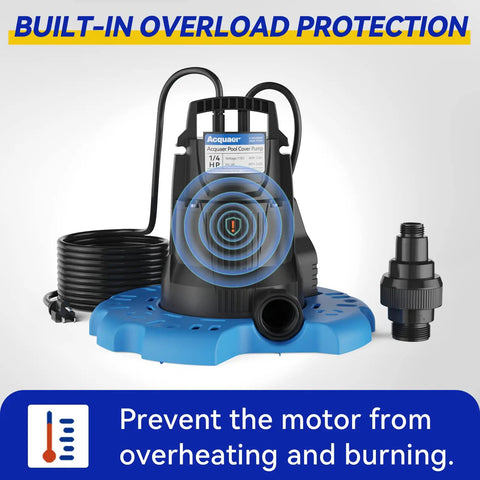 Automatic 1/4 HP Pool Cover Pump With 2250 GPH Submersible Sump Pump, no fuss adapter, 25 ft cord, built-in overload protection