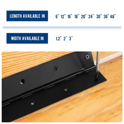 Rock Solid Four Foot Continuous Piano Hinge Built Tough As Nails With Zero Rust Black Stainless Steel on wood with screws visible.