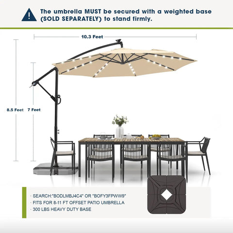 10ft Solar LED Offset Patio Umbrella With Cantilever Design Beige Shade over outdoor dining set, perfect for garden use.