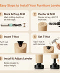 5 step guide to install 4 Pack Adjustable Furniture Feet Built Tough Solid Steel Table Levelers with visuals of assembly process.