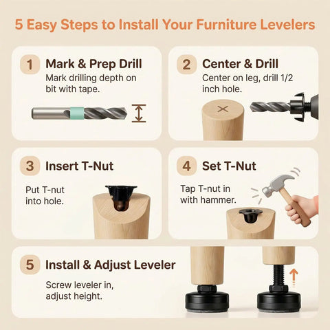 5 step guide to install 4 Pack Adjustable Furniture Feet Built Tough Solid Steel Table Levelers with visuals of assembly process.