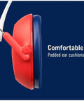 Side view of Kids Hearing Protection With Adjustable Headband, 22 dB NRR, red color, showing padded ear cushions, quiet time for studying.