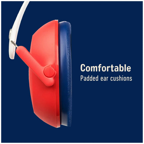 Side view of Kids Hearing Protection With Adjustable Headband, 22 dB NRR, red color, showing padded ear cushions, quiet time for studying.