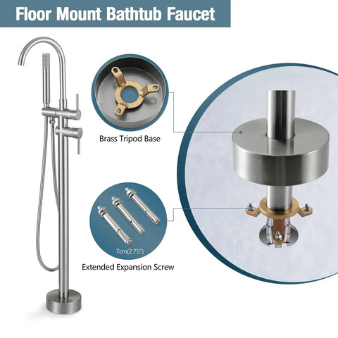Freestanding Tub Faucet With Hand Shower In Brushed Nickel featuring brass tripod base and extended expansion screw details