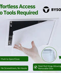 Push To Open Access Panel For Drywall Featuring Slick No Sweat Operation Heavy Duty Galvanized Steel 8 X 8 Inch with easy push open mechanism.