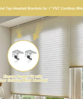 2 Pack Replacement Brackets For Cordless Window Blinds with metal clip shown with pleated shades installed, 1 inch headrail