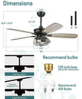 Dimensions of Farmhouse 52 Inch Ceiling Fan With Lights And Remote Control, Rustic Barnwood Blades, Industrial Cage Light shown.