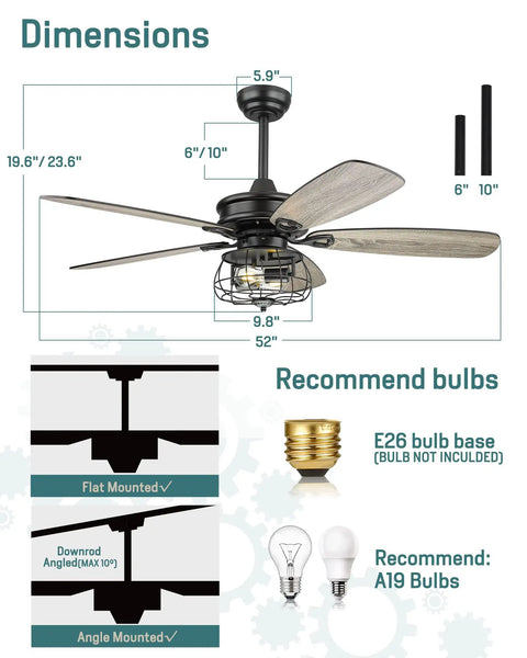Dimensions of Farmhouse 52 Inch Ceiling Fan With Lights And Remote Control, Rustic Barnwood Blades, Industrial Cage Light shown.