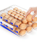Hand accessing Large Capacity 36 Egg Fridge Organizer With 2 Layer Stackable Tray And Rolling Storage Anti Slip Egg Container