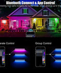 2 Pack 50W RGB Wall Washer Lights For Staging And Ambience displaying color options via app control, house exterior view.
