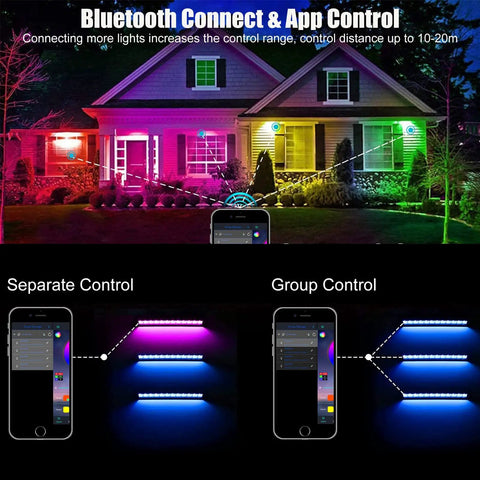 2 Pack 50W RGB Wall Washer Lights For Staging And Ambience displaying color options via app control, house exterior view.
