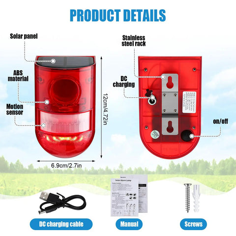Product details of Solar Powered Motion Sensor Alarm System With 129dB Outdoor Siren Waterproof Driveway Alarm Deterrent Strobe 6 LED Flashing Lights For Home And Farm Red 8 Pack, showing front and back view, dimensions, materials, and included accessories.