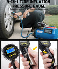 Person using digital tire inflator with pressure gauge, 200 PSI auto shutoff LED flashlight set.