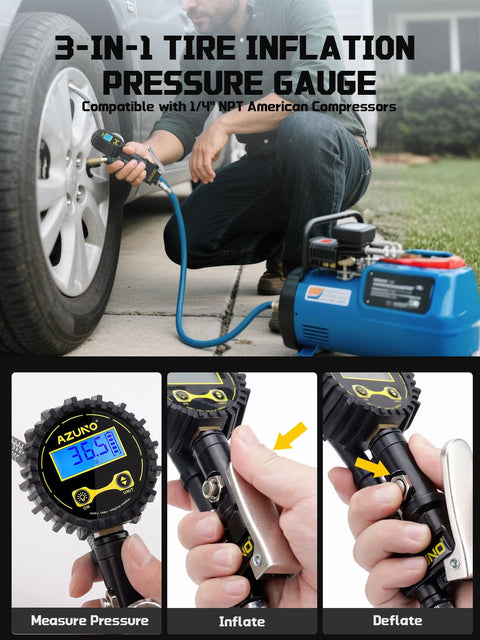 Person using digital tire inflator with pressure gauge, 200 PSI auto shutoff LED flashlight set.