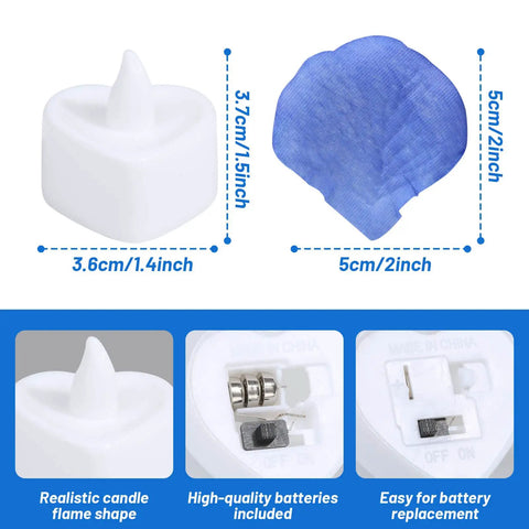 Blue Silk Rose Petals Romantic Night Decor Set With 2000 Pieces And 24 Flameless Heart Shaped Led Candles size details