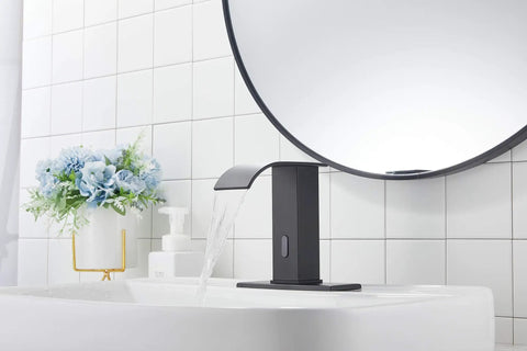 Automatic Sensor Touchless Bathroom Sink Faucet With Hole Cover Plate Vanity Faucet No Touch Hands Free Waterfall Tap Control Box And Temperature Mixer Matte Black