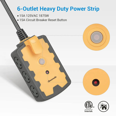 Beefy Heavy Duty 6 Outlet Power Strip With 25Ft Extension Cord, 14/3 Gauge SJT W, 15A Circuit Breaker, Industrial Grade