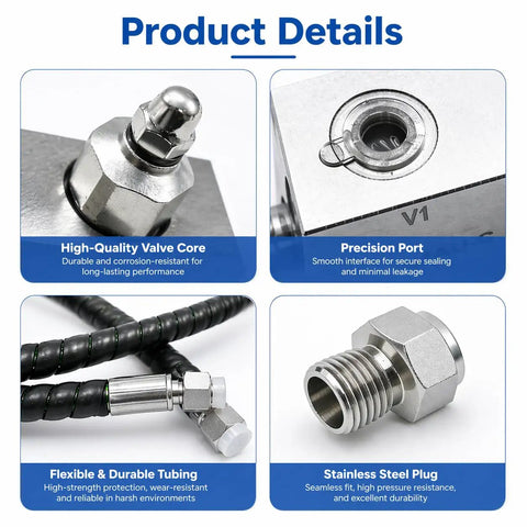Close-up of Mini Excavator Cushion Valve Kit components: valve core, port, flexible tubing, and stainless steel plug.