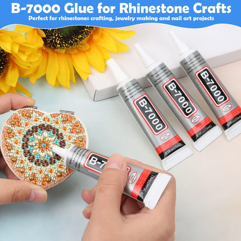 Applying B-7000 glue to rhinestone-studded item, showing clear rhinestone glue for jewelry making and nail art 4 pack 15mL
