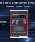 Surface Roughness Tester KR110 Pro Profilometer showing OLED display and buttons for measuring Ra Rz Rq Rt with USB charging.