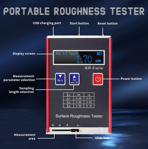 Surface Roughness Tester KR110 Pro Profilometer showing OLED display and buttons for measuring Ra Rz Rq Rt with USB charging.