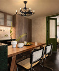Industrial Caged Ceiling Fan With Lights And Remote Dope Black Eight Blade Fandelier in a modern kitchen setting