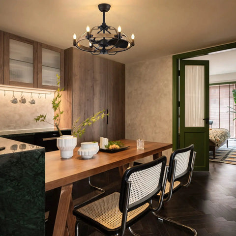 Industrial Caged Ceiling Fan With Lights And Remote Dope Black Eight Blade Fandelier in a modern kitchen setting