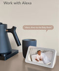 2K Baby Monitor With AI Motion Tracking Two Way Audio WiFi Indoor Camera showing baby on smart display with Alexa command