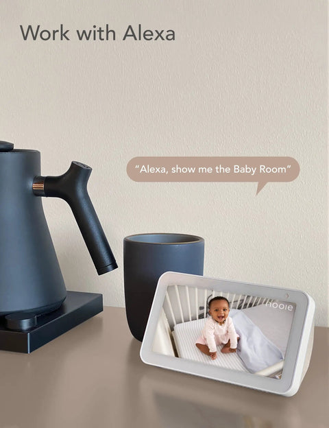 2K Baby Monitor With AI Motion Tracking Two Way Audio WiFi Indoor Camera showing baby on smart display with Alexa command