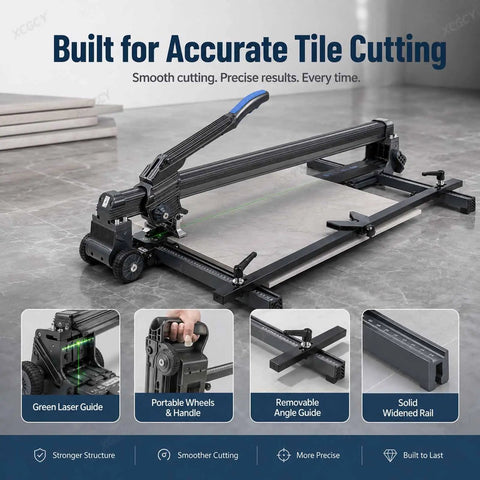 Heavy Duty Manual Tile Cutter With Bright Green Laser Guide And Beefed Up Steel Rails For Straight Cuts Up To 1800 Mm with precision guide.