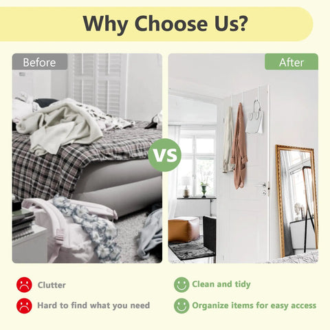 Comparison image showing cluttered bedroom before and organized door with Over The Door Z Shaped Reversible Hooks for Coats