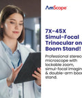 Dual Head Simul Focal Stereo Microscope With Lockable Zoom Pro Grade Build For Pros, 7x To 45x Magnification, Trinocular Eyepiece And Port Viewing, One And A Quarter Inch Wide Field, 4 Inch Working Distance, 3D Boom Stand For Flexible Positioning; lab user