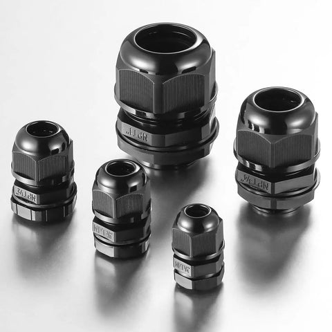 Assorted sizes of 25 Pack Nylon Cable Gland Joints One Half Inch NPT Waterproof IP68 with gaskets and strain relief cord grip shown