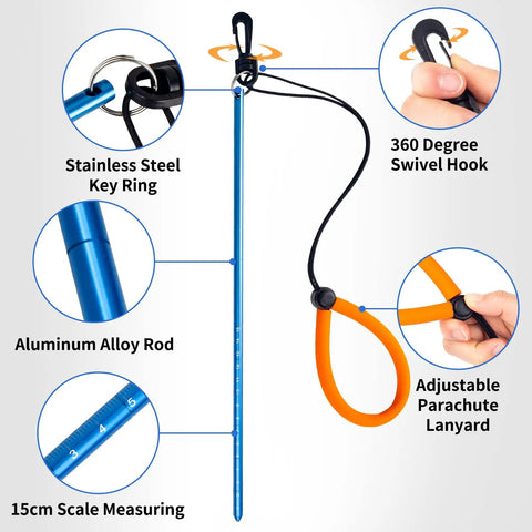 Scuba Diving Stick 13 Inch Aluminum Alloy Pointer Rod With Measurement, Adjustable Lanyard And Swivel Snap Bolt For Underwater Shaker Noise Maker Snorkeling Blue.