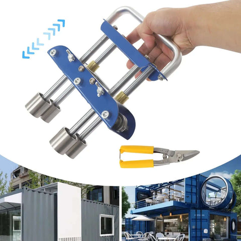 Hand holding Blue V-Shaped Edge Bead Roller Hand Sheet Metal Bender 0-90 Degree Flex Pro Grade with shears and building images.