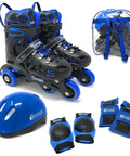 Beginner Inline Training Roller Skates For Kids With Totally Safe Protective Gear Set, helmet, pads, and backpack shown