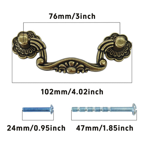Antique Bronze 3 Inch Center To Center Drop Drawer Pulls, 6 Pack Bail Cabinet Handles, size dimensions shown with screws